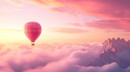 Fototapeta premium A vibrant hot air balloon floats above soft clouds at sunrise, surrounded by a breathtaking pastel-colored sky.