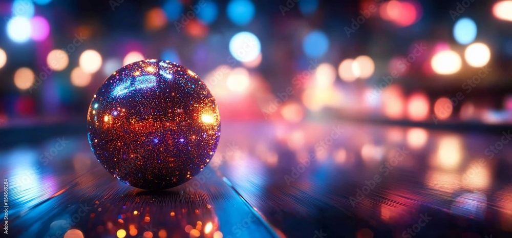 Poster a sparkling orb on a reflective surface amidst colorful bokeh lights.