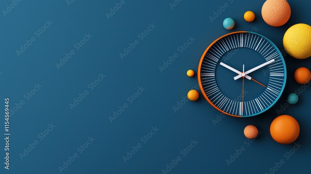 Poster a modern clock design surrounded by colorful spheres on a deep blue background, creating a vibrant a