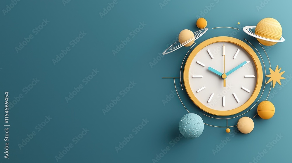 Poster a colorful clock surrounded by playful planetary elements against a teal background, blending time w