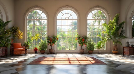 Tropical sunlit conservatory. Luxurious interior design.