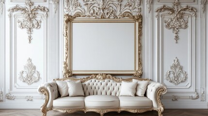 Elegant ornate sofa and large golden frame in a classic interior.
