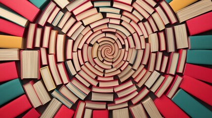 A colorful spiral arrangement of books creates a visually striking pattern, showcasing the beauty of literature and creativity.