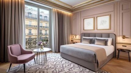 Elegant Parisian bedroom with king bed, armchair, and city view.