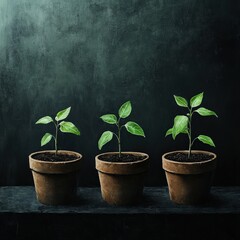 Three small plants are in three different sized pots