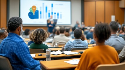 Diverse audience attentively listening to a presentation with data visualizations on a large screen in a lecture hall.