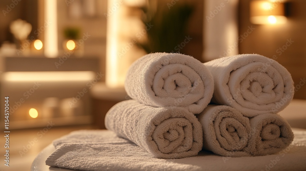 Poster a stack of neatly rolled towels in a serene spa environment.