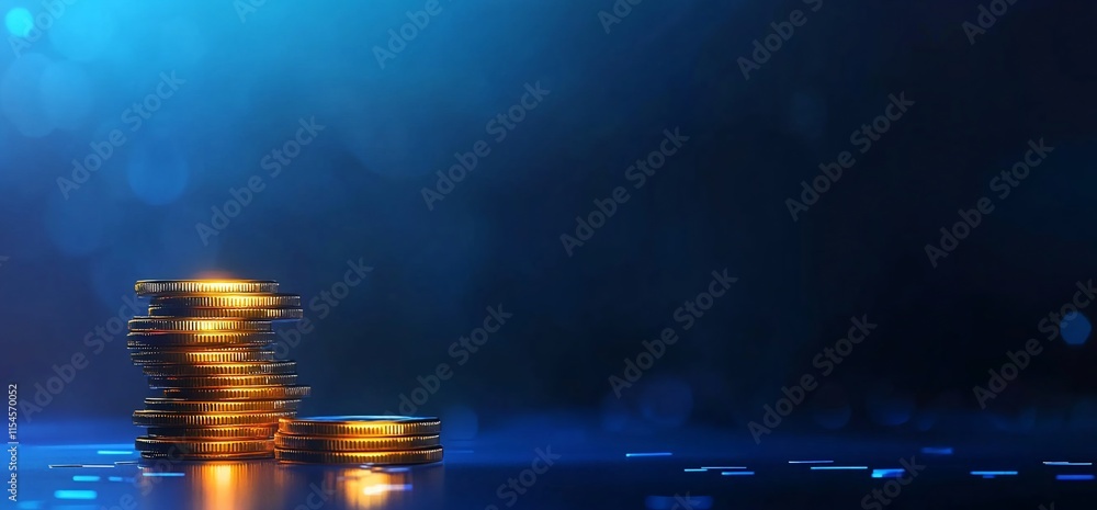 Poster a stack of shiny gold coins on a reflective surface with a blue background.