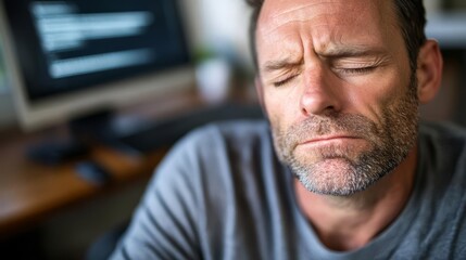 Frustrated developer at computer, facing challenges in coding and debugging, embodies the perseverance and resilience required in the tech industry.
