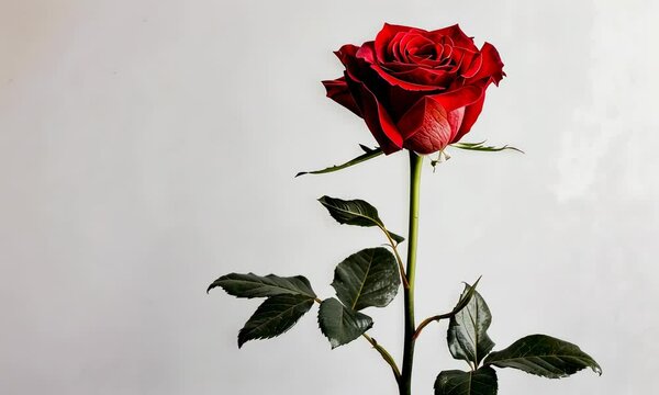 Single red rose on long stem with green leaves against plain background