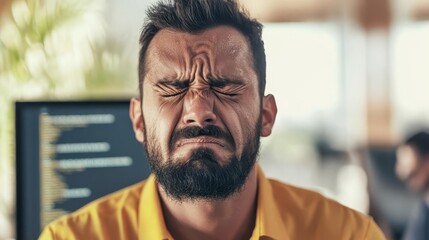 Obraz premium Frustrated developer at computer, facing challenges in coding and debugging, embodies the perseverance and resilience required in the tech industry. 