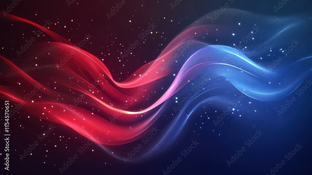 Aufkleber Flowing fabric texture of the American flag in a dynamic display of red, white, and blue colors under soft lighting. Generative AI