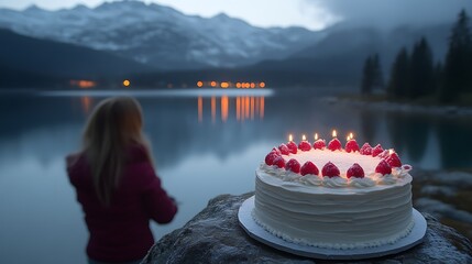 Solitary birthday cake by a lake at dusk.