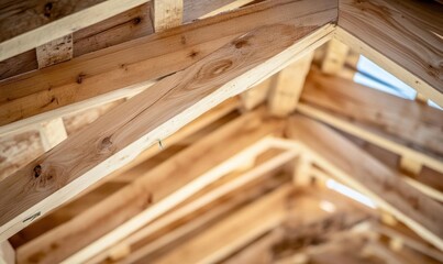 Close-Up of Wooden Beams in a Roof Truss Structure Under Construction