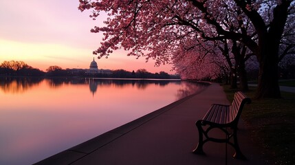 Serene sunrise over calm lake with cherry blossoms and bench.
