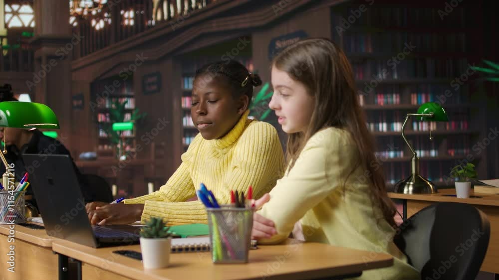 Poster primary school pupils in a library discuss during an online seminar, using tech to connect with educ