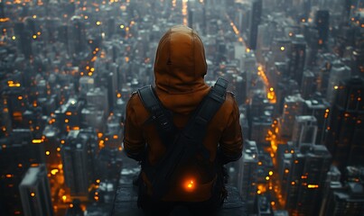 Person in hoodie overlooking futuristic city at night.