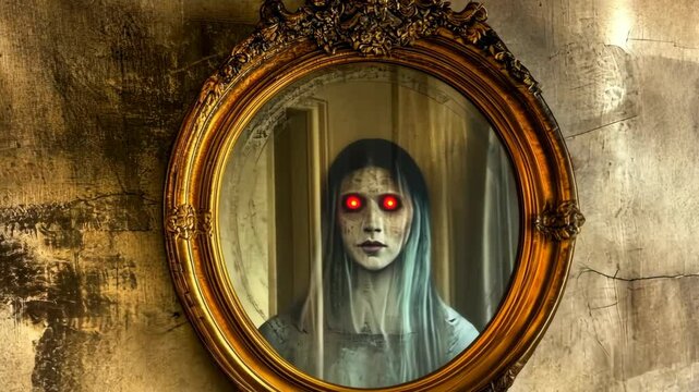 Eerie redeyed ghostly reflection in antique mirror sequence