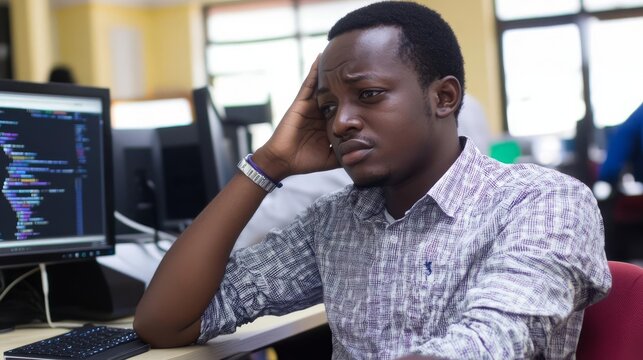 Frustrated developer at computer, facing challenges in coding and debugging, embodies the perseverance and resilience required in the tech industry.
