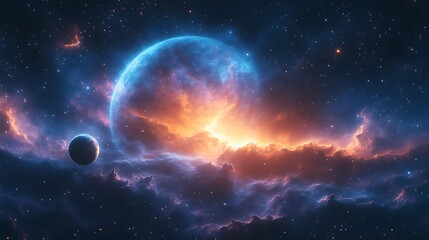 Obraz premium Glowing blue planet and orange nebula in space.