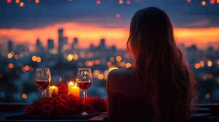 Woman enjoys romantic sunset dinner with city view.