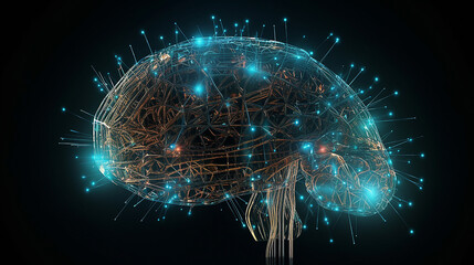 A digital rendering of a human brain, with glowing blue connection points