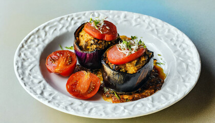 Imam Bayildi - Turkish Cuisine - Close-up of the vibrant colors and textures of a plate of Imam Bayildi, highlighting the stuffed eggplants with tomatoes, onions, and herbs