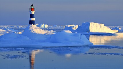 Arctic Landscape with Ice Floes and Lighthouse Reflection