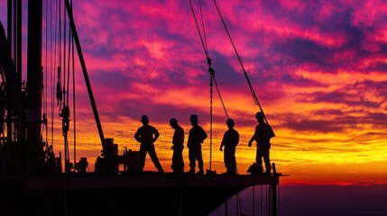 A drilling rig silhouetted against a colorful sunrise with workers preparing for the day emphasizing the early morning hustle in oil extraction