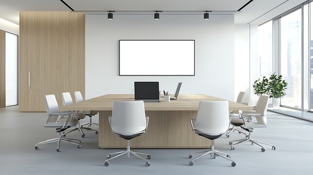 Modern office meeting room with table, chairs, and large window.