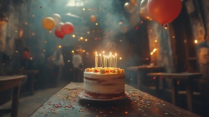 Birthday cake with candles and confetti at party.