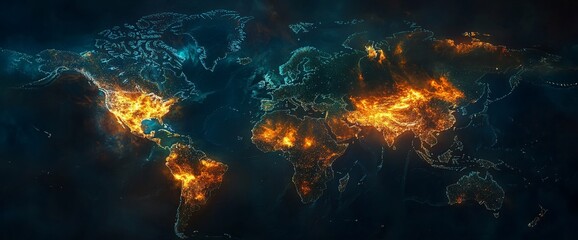 Obraz premium A stylized world map depicting areas of fire and intensity.