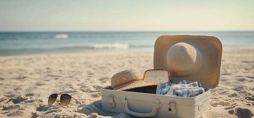 A suitcase on the beach filled with summer essentials and a sun hat.