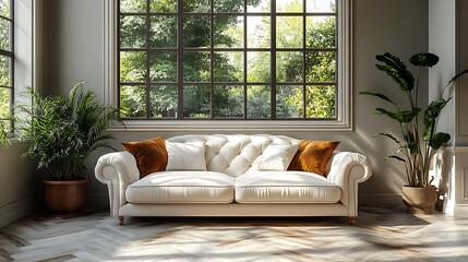 Elegant Living Room with Large Window. Concept of Cozy Comfort and Modern Design.