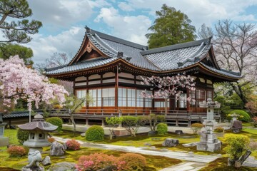 A serene Japanese garden featuring a traditional wooden house surrounded by cherry blossoms.