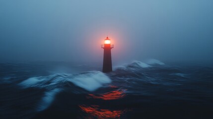 Fototapeta premium Intense Waves and Lighthouse in Stormy Ocean Light