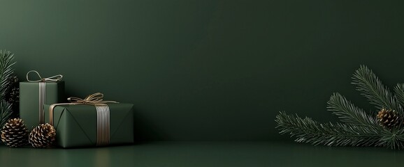 Elegant green gifts with pine branches on dark green background.