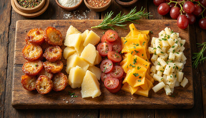Assorted Tapas Cheese Platter with Grapes and Herbs on Rustic Wooden Board, Warm Earth Tones