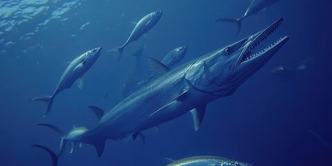 Fototapeta premium A barracuda swims among smaller fish in a vibrant underwater scene.