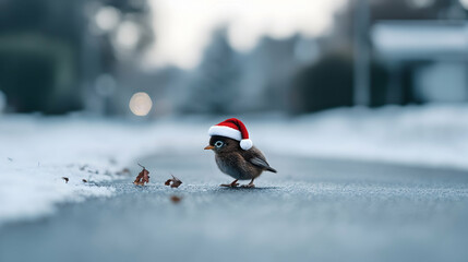 Adorable bird in Santa hat on snowy street, suburban background, Christmas greeting card.