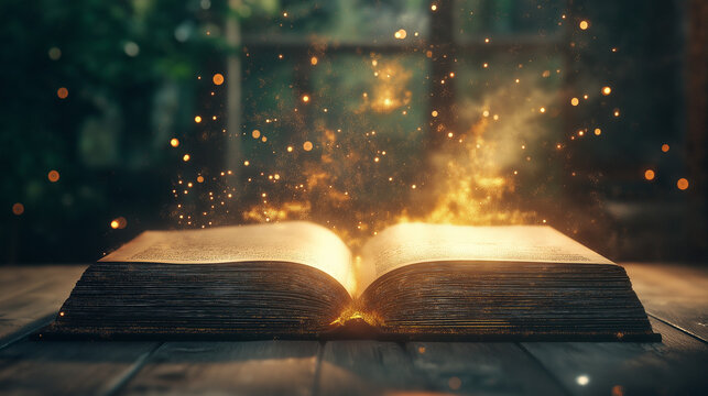 Ancient Book of Magic: An open antique book radiates mystical energy, with golden sparks and flames emanating from its pages, set against a dark, atmospheric background.