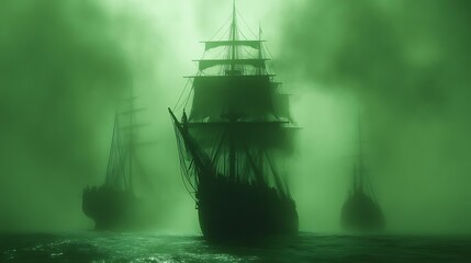 Eerie galleons in a green fog.