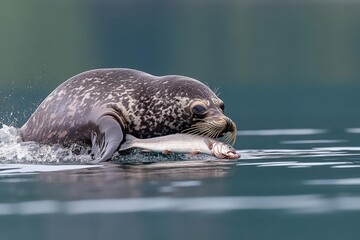 Naklejka premium A seal swimming with a fish in its mouth, showcasing a moment of nature's predation.