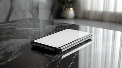 A minimalist corporate desk with a blank-screen smartphone resting on a reflective glass surface