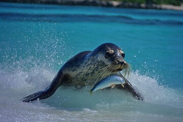 A seal catching a fish in the surf on a sunny beach.
