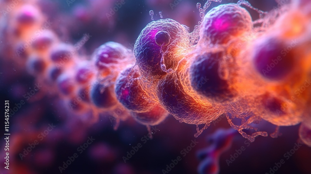 Poster microscopic view of chain of cells with vibrant colors and detailed texture.
