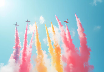 Colorful smoke trails behind the planes in pink, yellow, and red colors against the blue sky