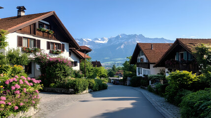 Alpine village street, houses, mountains, summer, travel postcard.