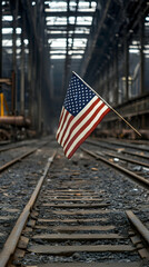 American flag waving on railway tracks in abandoned factory; patriotic industrial backdrop; website banner.