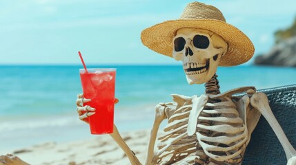 Skeleton Relaxing on Beach with Drink Under Straw Hat in Summer Scene
